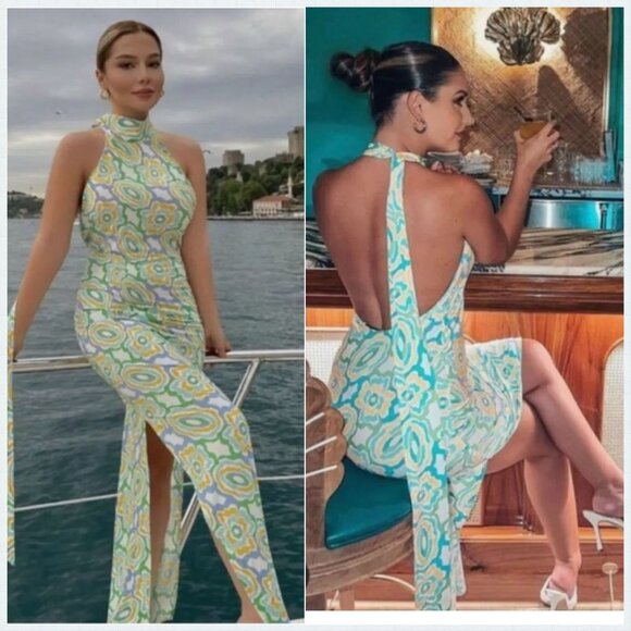 NWT ZARA Geometric Print Halter Maxi Dress Open Back Retro Green Yellow Small - Picture 1 of 16